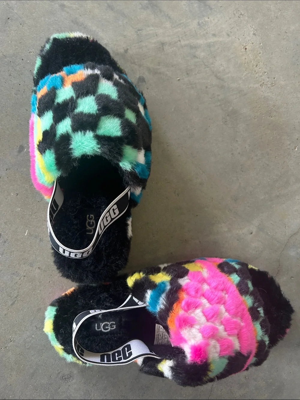 UGG Black Multicolor Checkered Fluff Slides